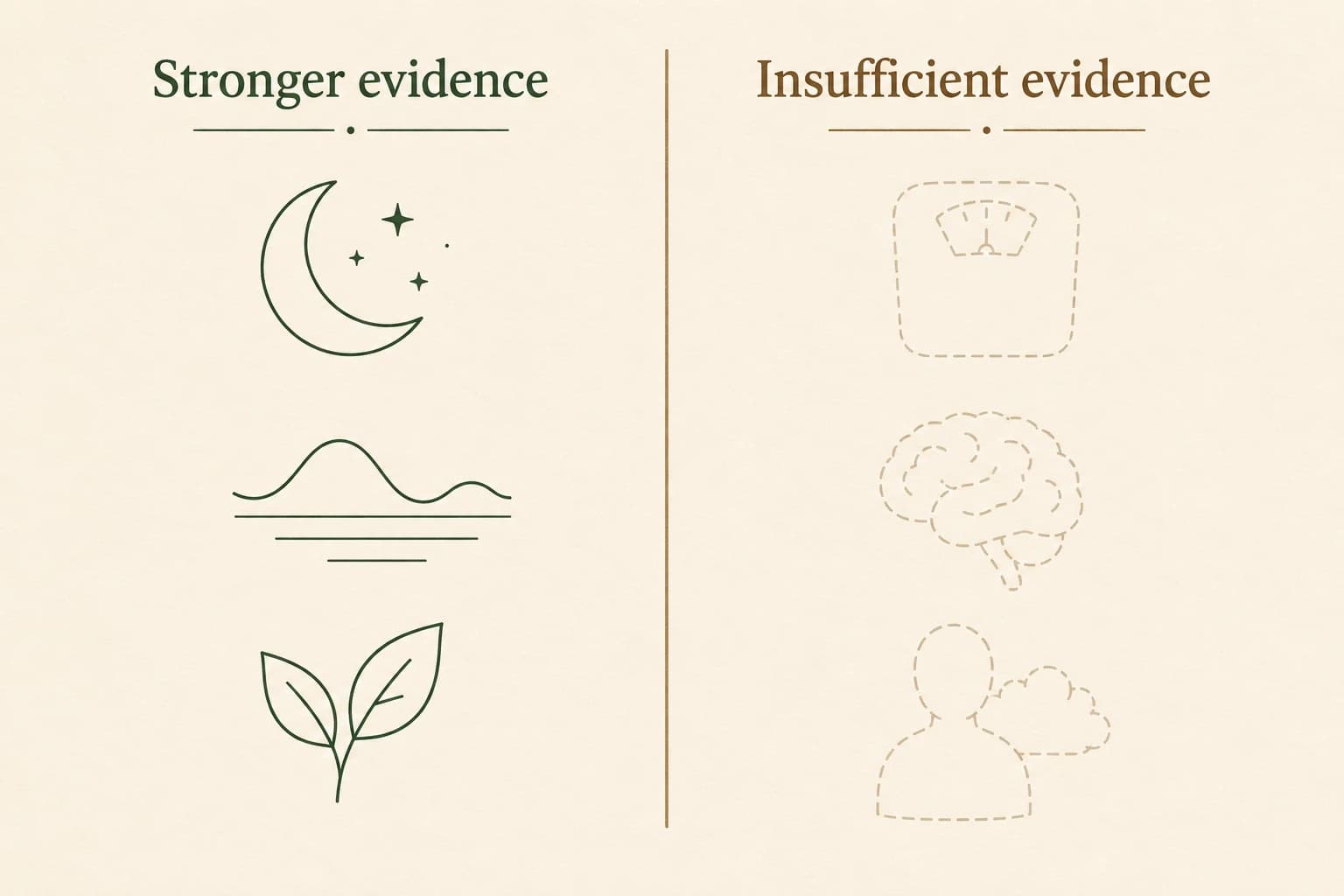 Einfache zweispaltige Illustration, die Ashwagandha-Aussagen mit starker Evidenz jenen mit unzureichender Evidenz gegenüberstellt