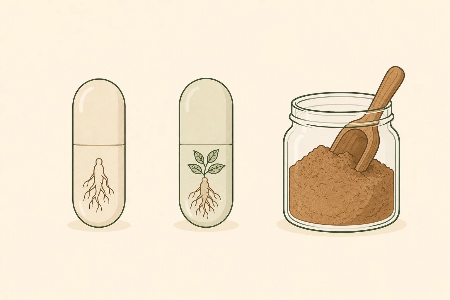 Illustrierter Vergleich von drei Ashwagandha-Präparateformen: Kapsel mit standardisiertem Wurzelextrakt, Kapsel mit standardisiertem Wurzel-Blatt-Extrakt und rohes Wurzelpulver