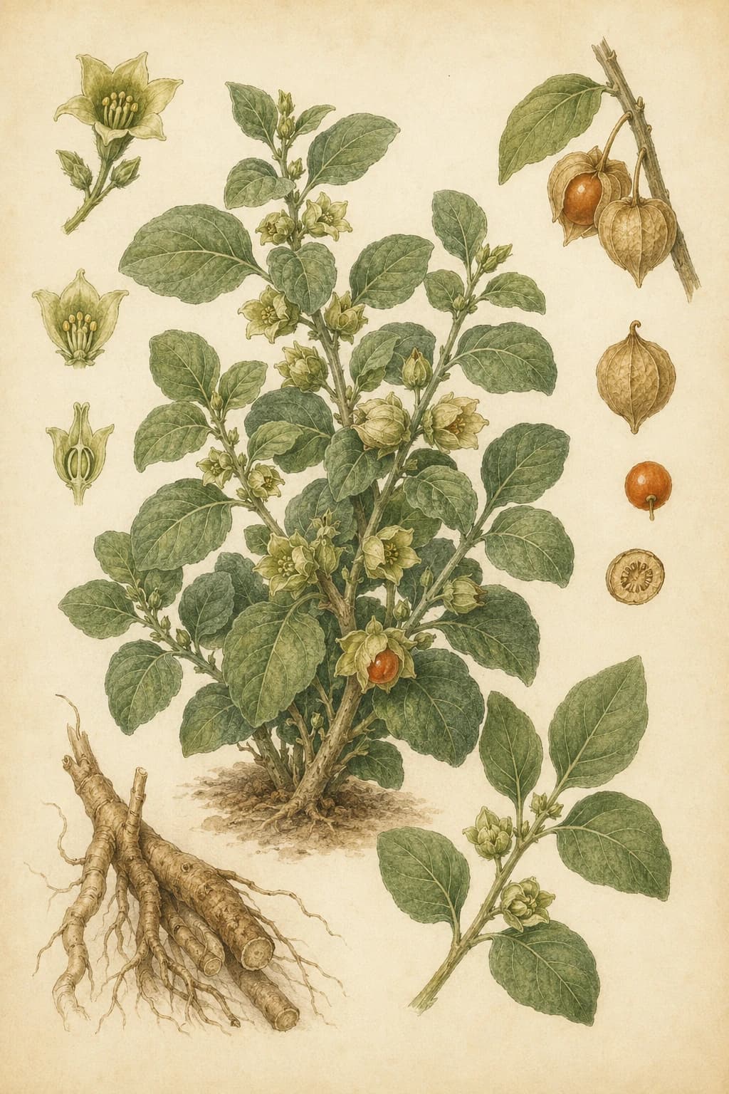 Botanische Illustration des Withania-somnifera-Strauchs mit seinen ovalen Blättern, kleinen grünlichen Blüten und orangefarbenen Beeren