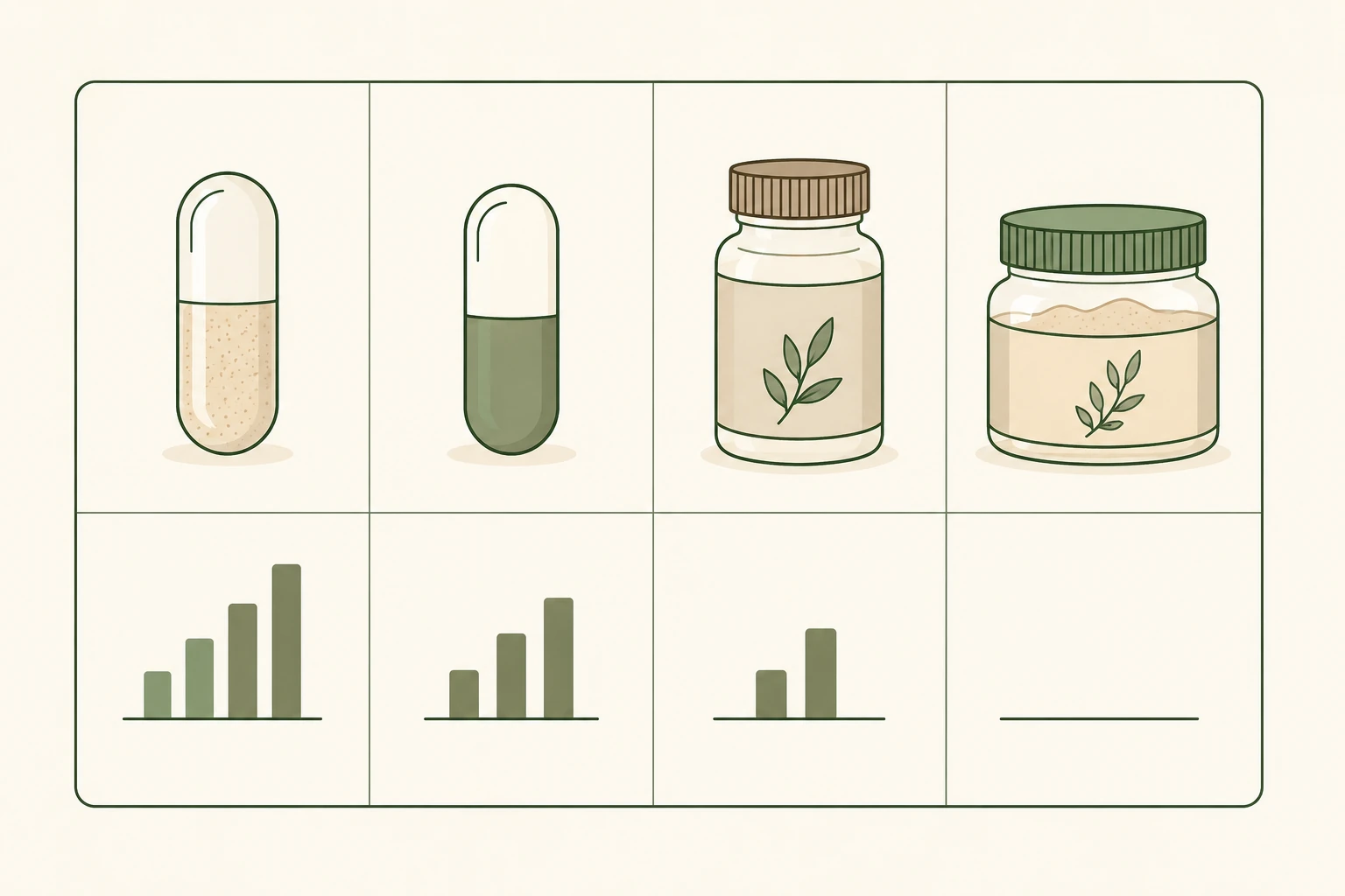 Comparison chart of ashwagandha extract forms showing typical withanolide concentration and typical daily dose for KSM-66, Sensoril, Shoden, and root powder