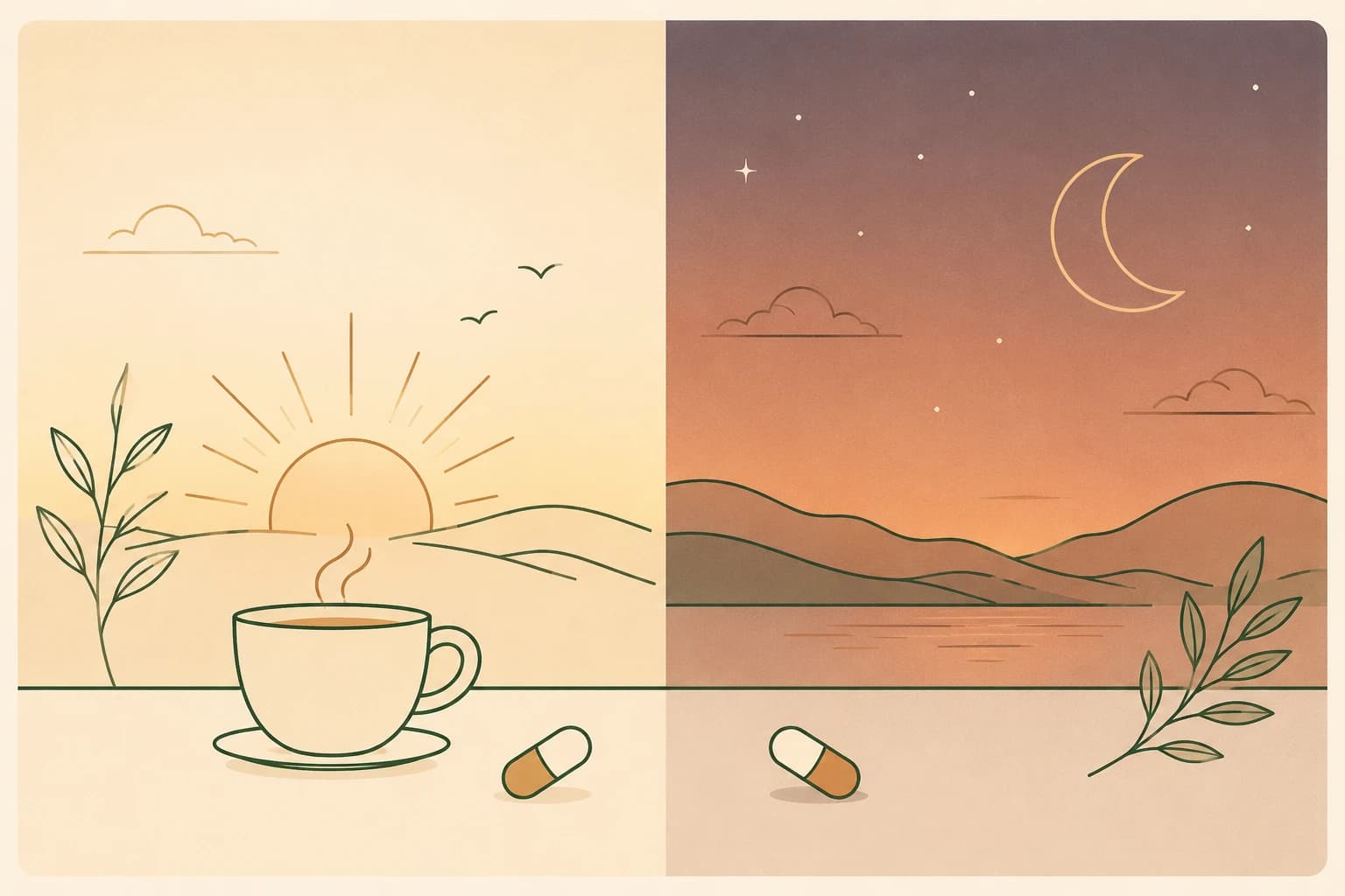 Split illustration showing a sunrise morning scene on one side and a calm evening scene on the other, each with a small capsule icon, representing the choice between morning and evening dosing