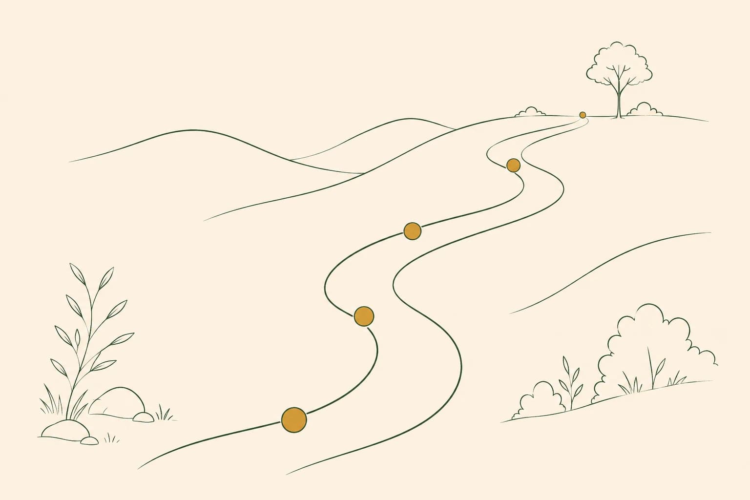 Einfache Linienillustration eines Wanderwegs mit kleinen Meilenstein-Markierungen, die einen graduellen, gesunden Alterungsprozess statt einer schnellen Verwandlung darstellt