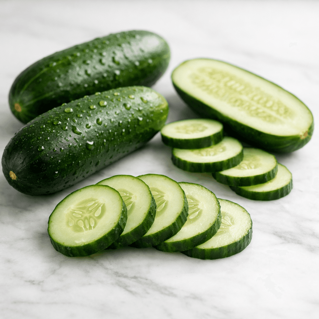 Fresh sliced cucumber on a wooden board