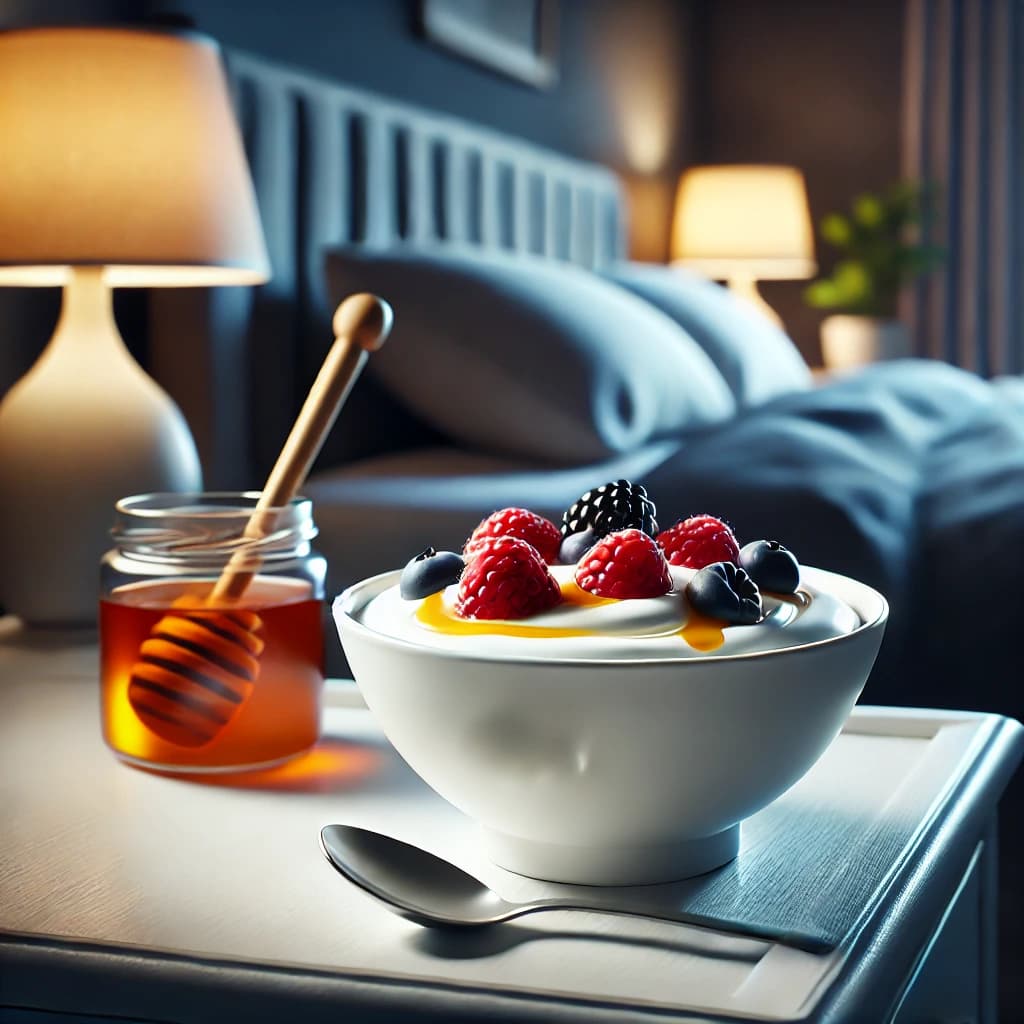 A bowl of plain Greek yogurt with berries on a bedside table