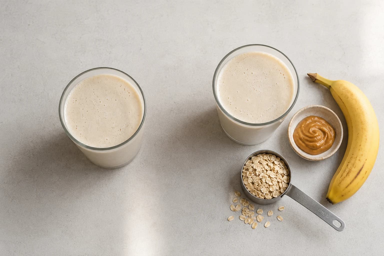 Comparaison d'un shake protéiné simple et du même shake associé à de la purée d'amande, des flocons d'avoine et un fruit