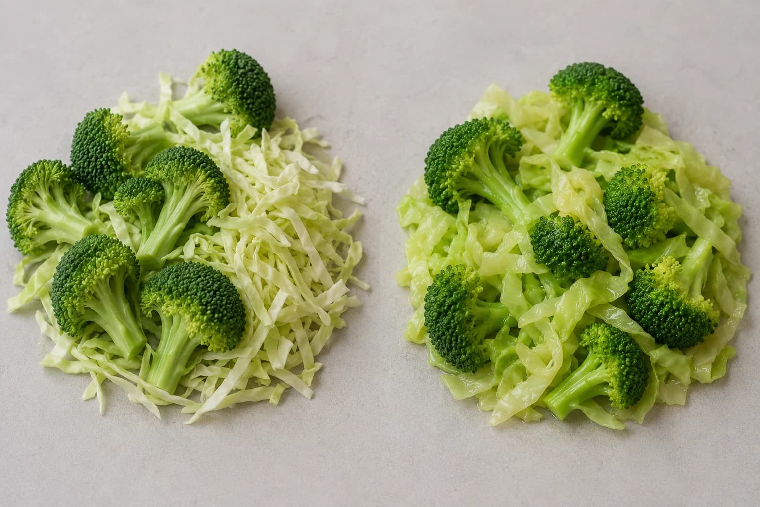 Side-by-side comparison of raw broccoli and cabbage next to the same vegetables lightly steamed