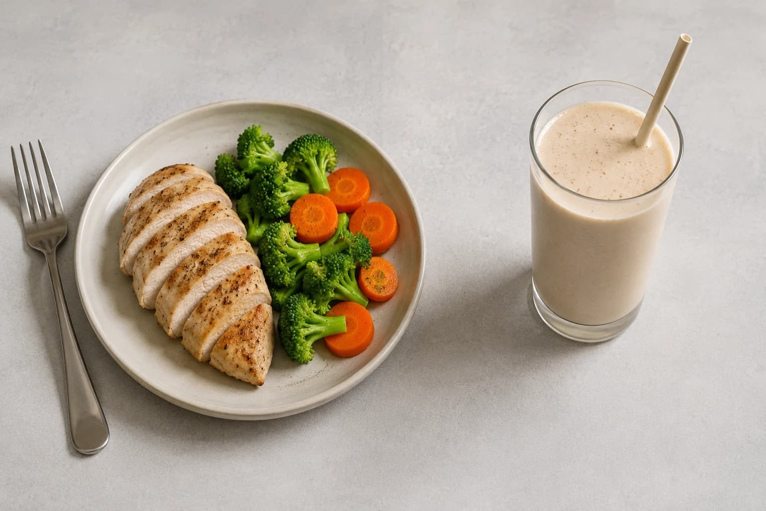 Comparaison d'un repas solide de poulet et légumes dans une assiette avec un verre de shake protéiné