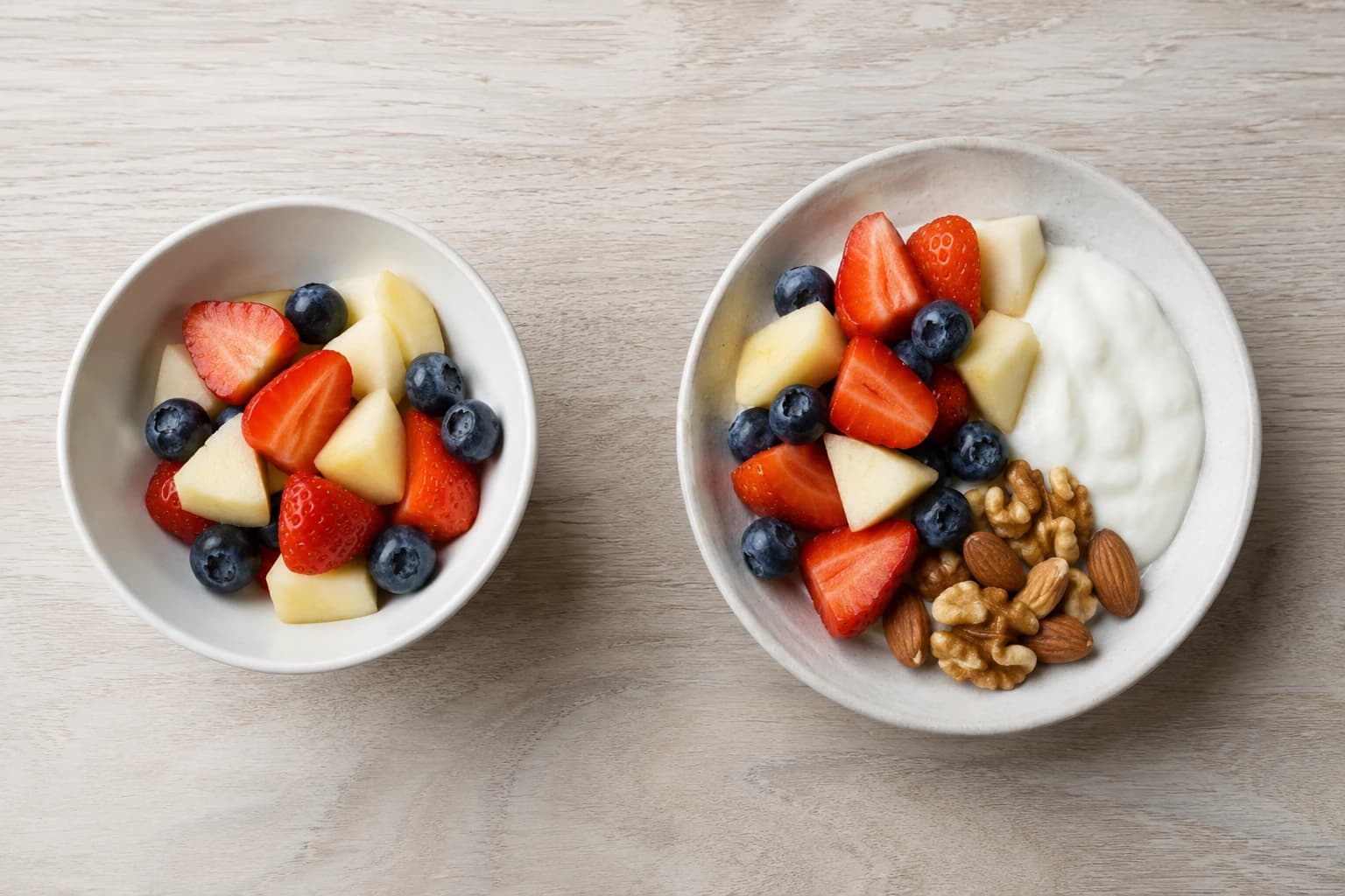 Side-by-side comparison of a sugary snack eaten alone versus paired with protein, fat, and fiber-rich food