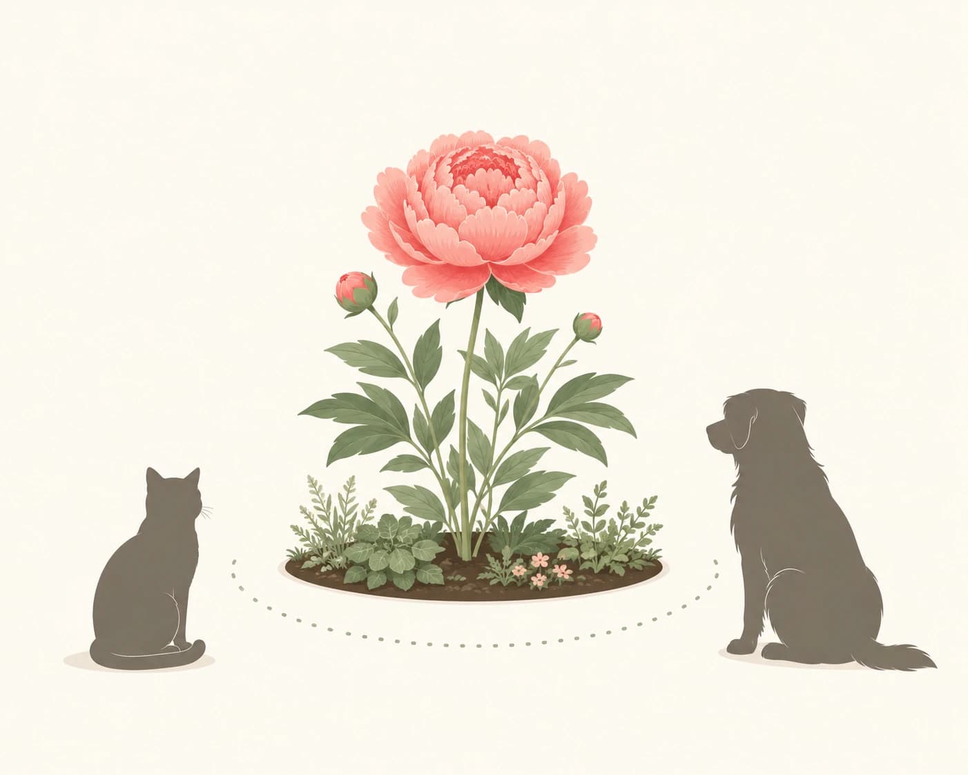 Illustration of a peony flower in a garden with a dog and cat silhouette kept at a calm distance