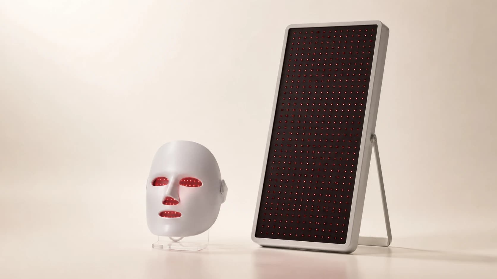 An unbranded LED face mask and a larger therapy panel shown side by side for scale