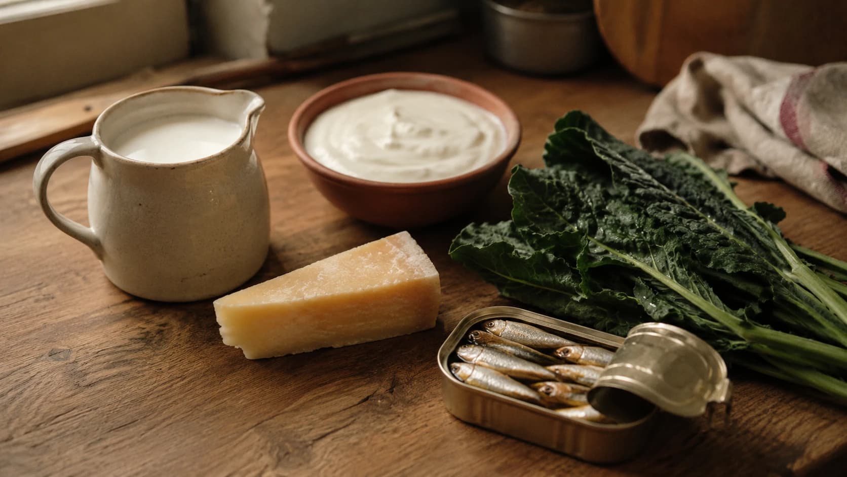 Everyday calcium-rich foods arranged simply on a kitchen counter