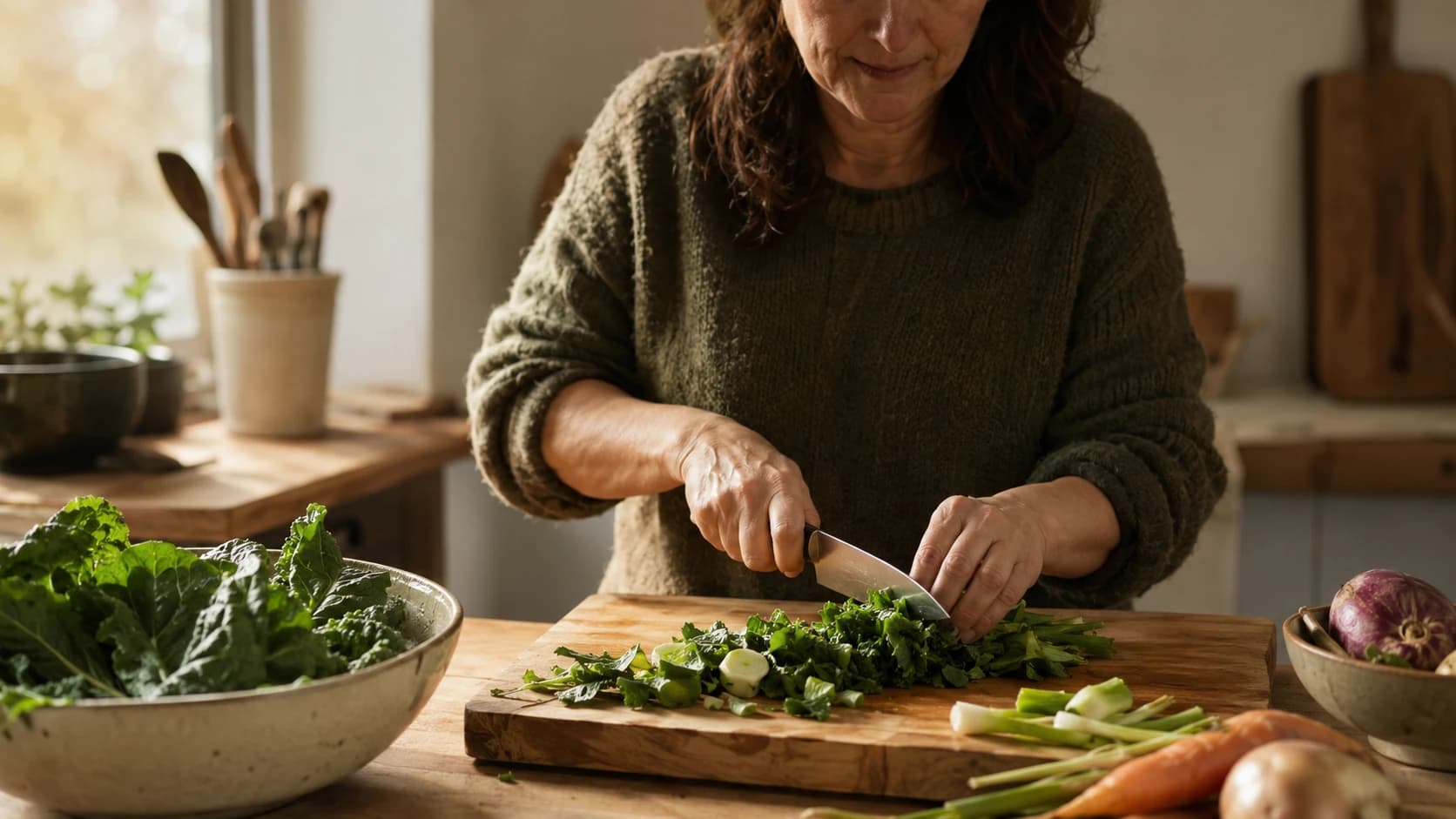 A woman in her forties chopping vegetables at a kitchen counter in afternoon light