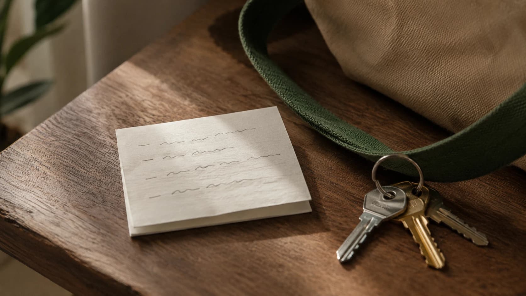A folded note with a short handwritten list resting on a table beside a bag and keys