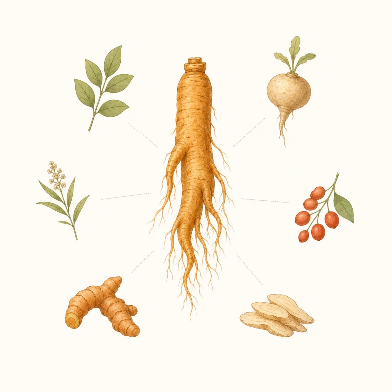 Illustration of a central root surrounded by several smaller herb and root icons, representing a multi-herb traditional formula