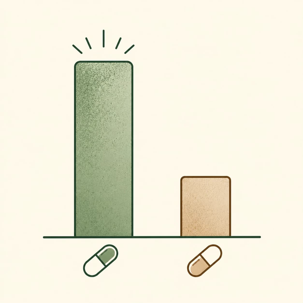 Illustration simple en forme de barres comparant la biodisponibilité d'un extrait d'ashwagandha riche en glycosides à celle d'un extrait pauvre en glycosides