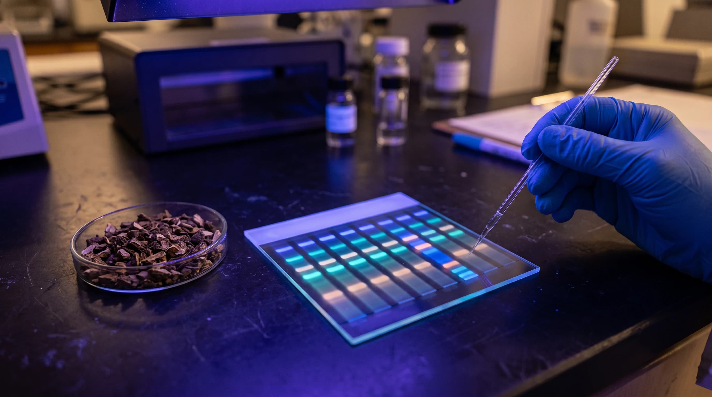 Eine Dünnschichtchromatographie-Platte, die unter UV-Licht blau und türkis leuchtet, auf einem Labortisch neben einer Schale mit zerkleinerter getrockneter Wurzel und einer behandschuhten Hand mit einer Glaskapillare: die Art chemischer Prüfung, mit der sich die Identität einer Heilpflanze bestätigen lässt