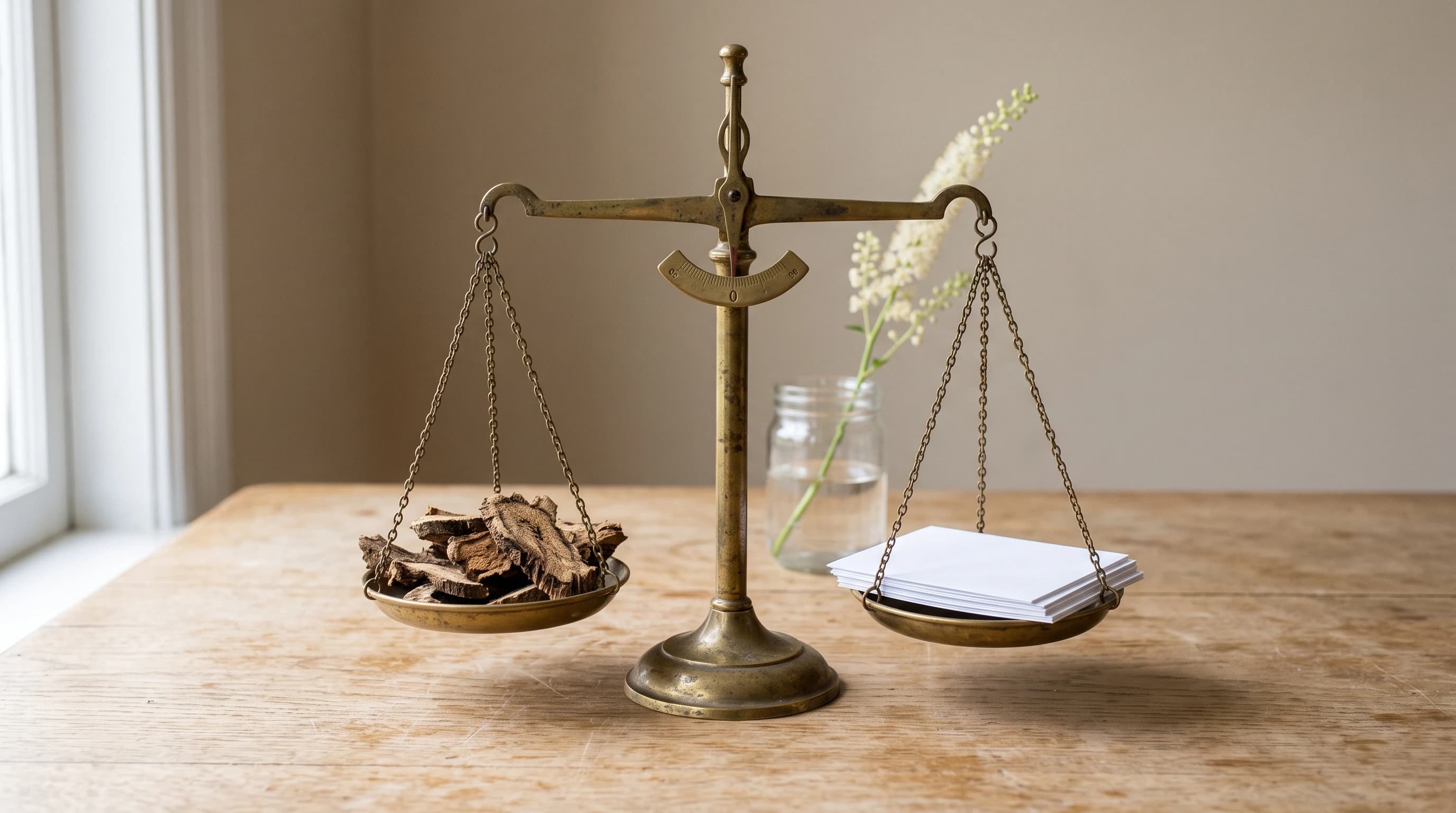Eine alte Balkenwaage aus Messing mit waagerecht hängenden Schalen, auf der einen Seite getrocknete Scheiben der Traubensilberkerzenwurzel, auf der anderen ein Stapel leerer Blätter, dahinter ein blühender Stängel der Traubensilberkerze in einem Glas