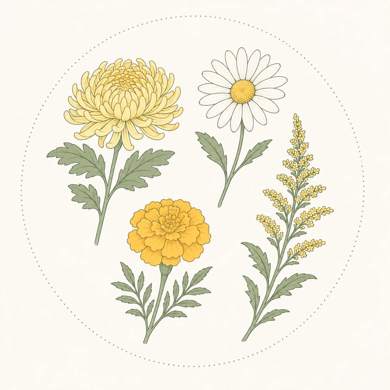 Illustration of a chrysanthemum flower grouped together with a daisy, a marigold, and a ragweed spike, representing shared plant-family allergens