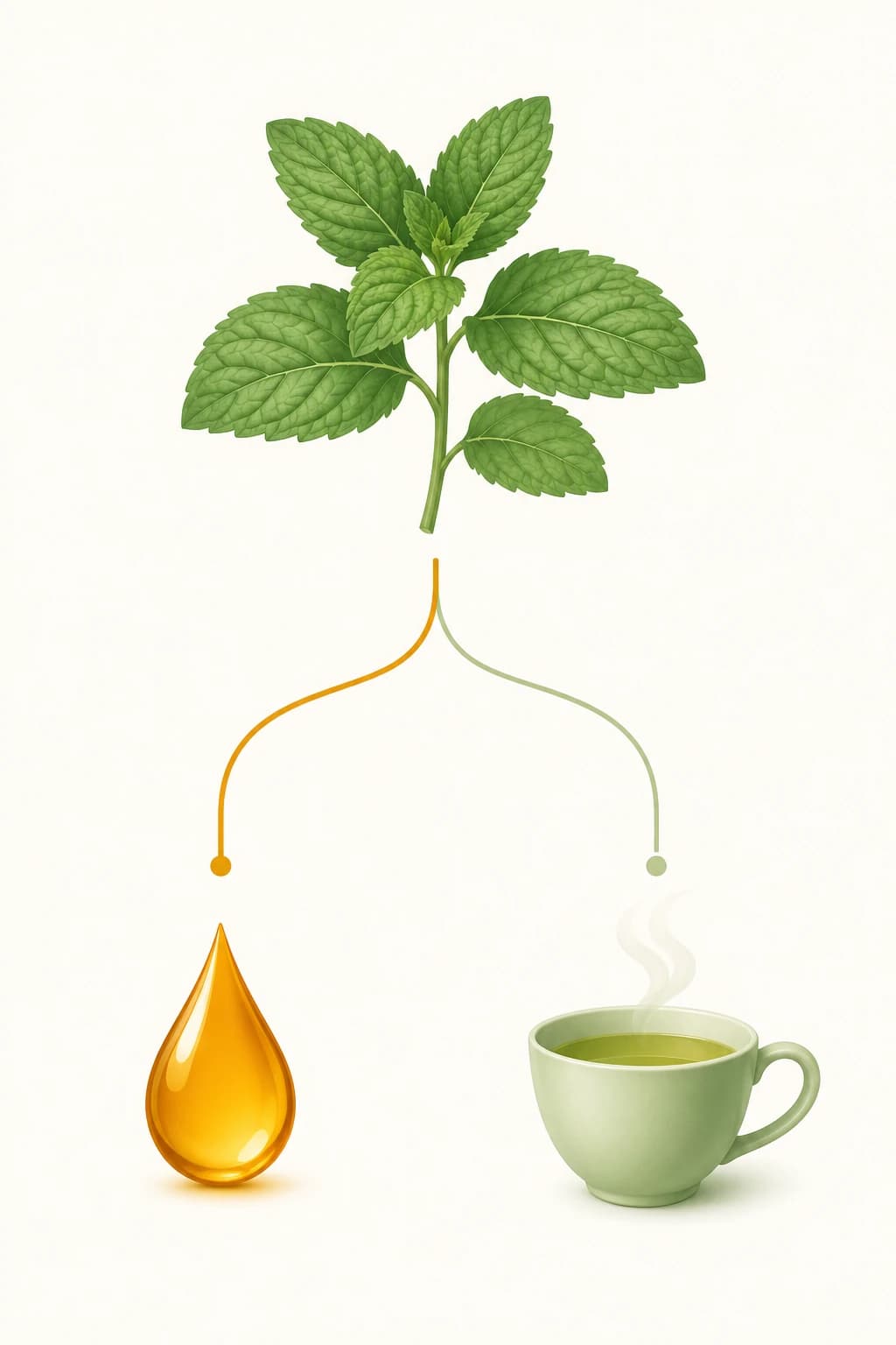 Illustration of a Korean mint leaf sprig branching into two paths, one leading to an oil droplet and one leading to a teacup