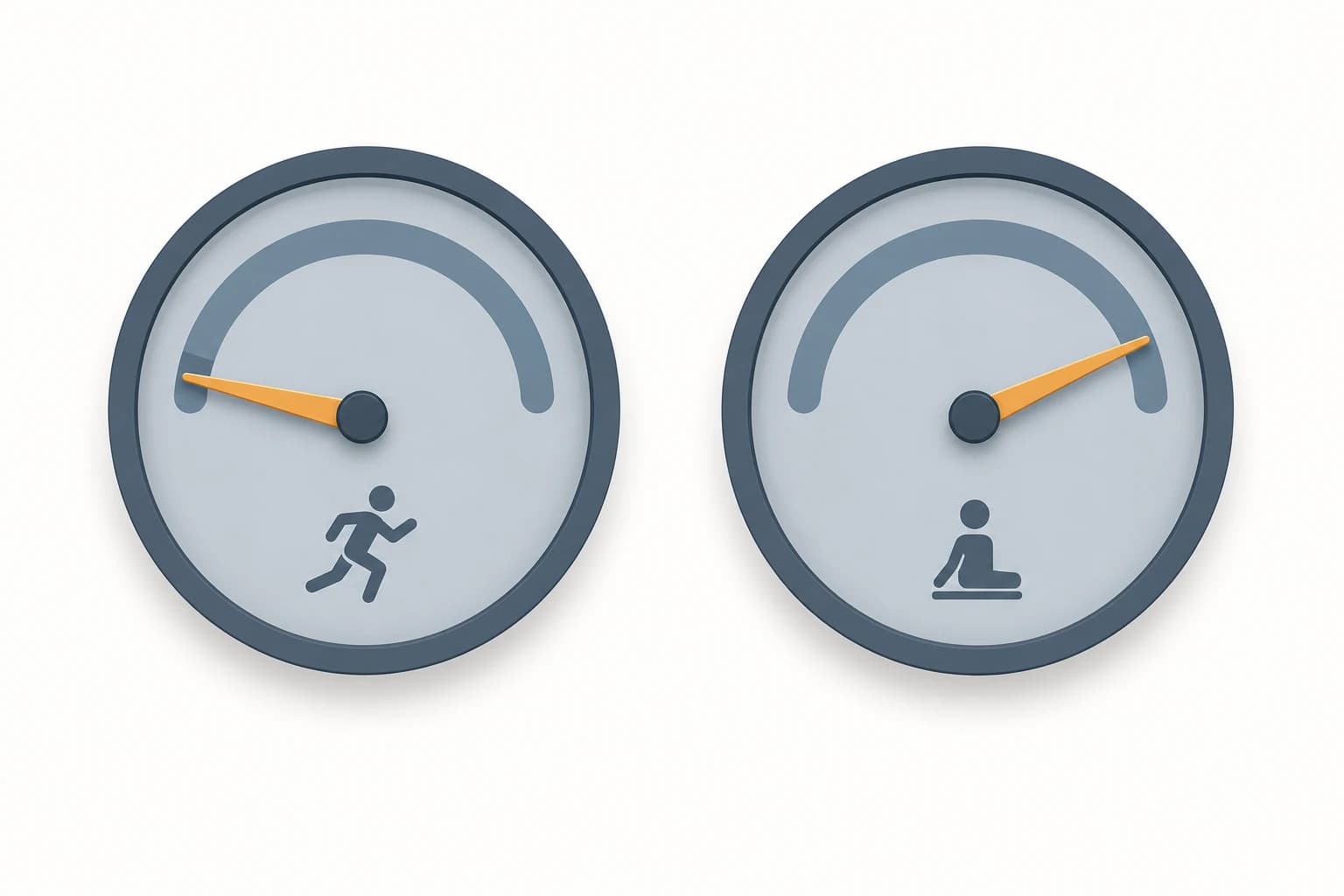 Illustration zweier Reglerskalen, die die Stärke des Appetitsignals darstellen – eine niedrig eingestellt neben einem Symbol für Sport, eine hoch eingestellt neben einem Symbol für Ruhe