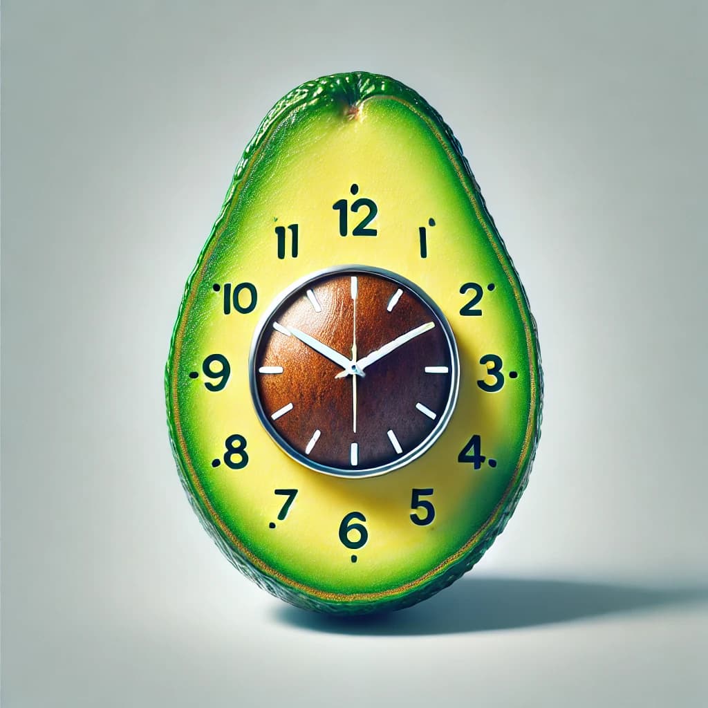 Halved avocado next to a clock, illustrating intermittent fasting