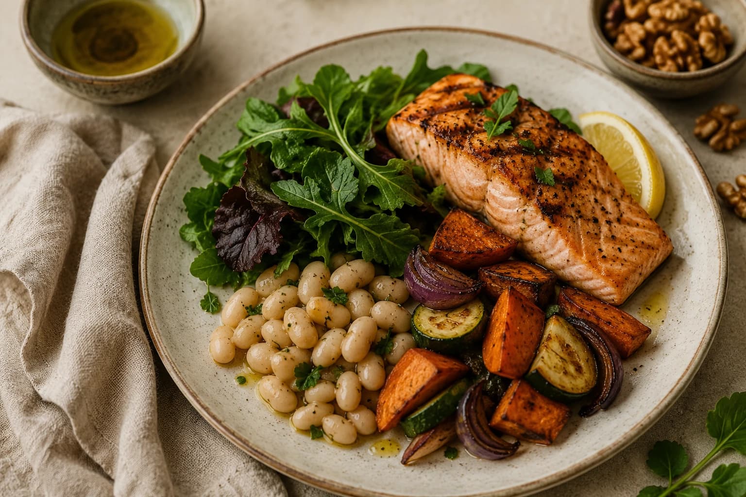 An overhead photo of a balanced plate for a cholesterol-friendly diet: grilled salmon, leafy greens, beans, and a small side of olive oil dressing