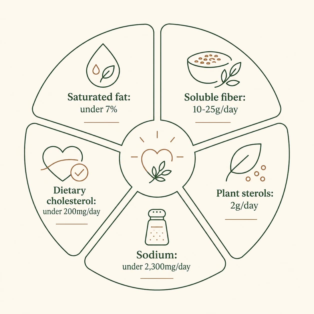 Simple illustrated panel summarizing the TLC diet's numeric targets for fat, fiber, cholesterol, and sodium