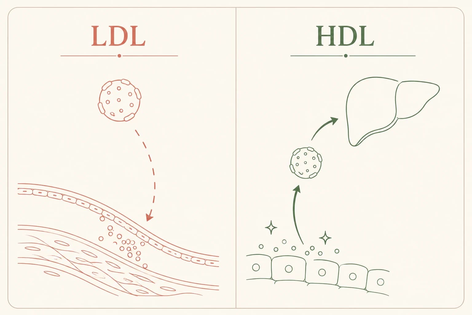 Illustration en deux colonnes comparant le cholestérol LDL et le cholestérol HDL, avec des icônes directionnelles simples