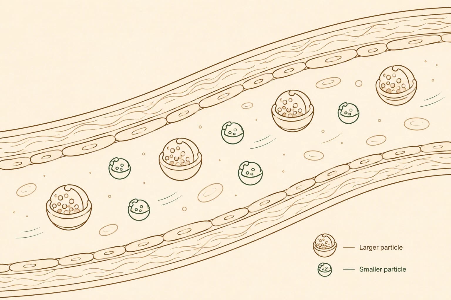 Schéma épuré de petites particules rondes de lipoprotéines transportant le cholestérol dans un vaisseau sanguin, présentées comme des particules transporteuses plutôt que comme des graisses