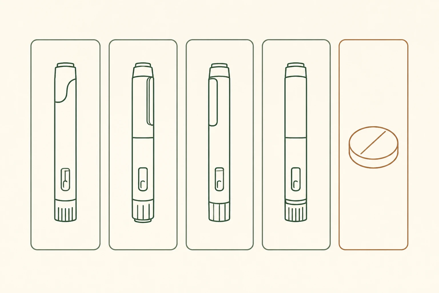Illustrated comparison panel with five simple icons representing the five PCSK9-pathway drugs, one shown as a tablet and four shown as injection pens