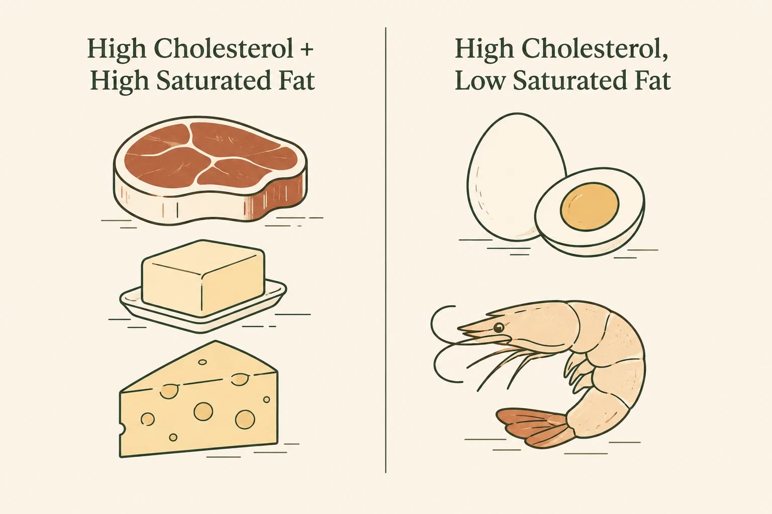 Two-column illustration comparing foods high in both cholesterol and saturated fat against foods high in cholesterol but low in saturated fat
