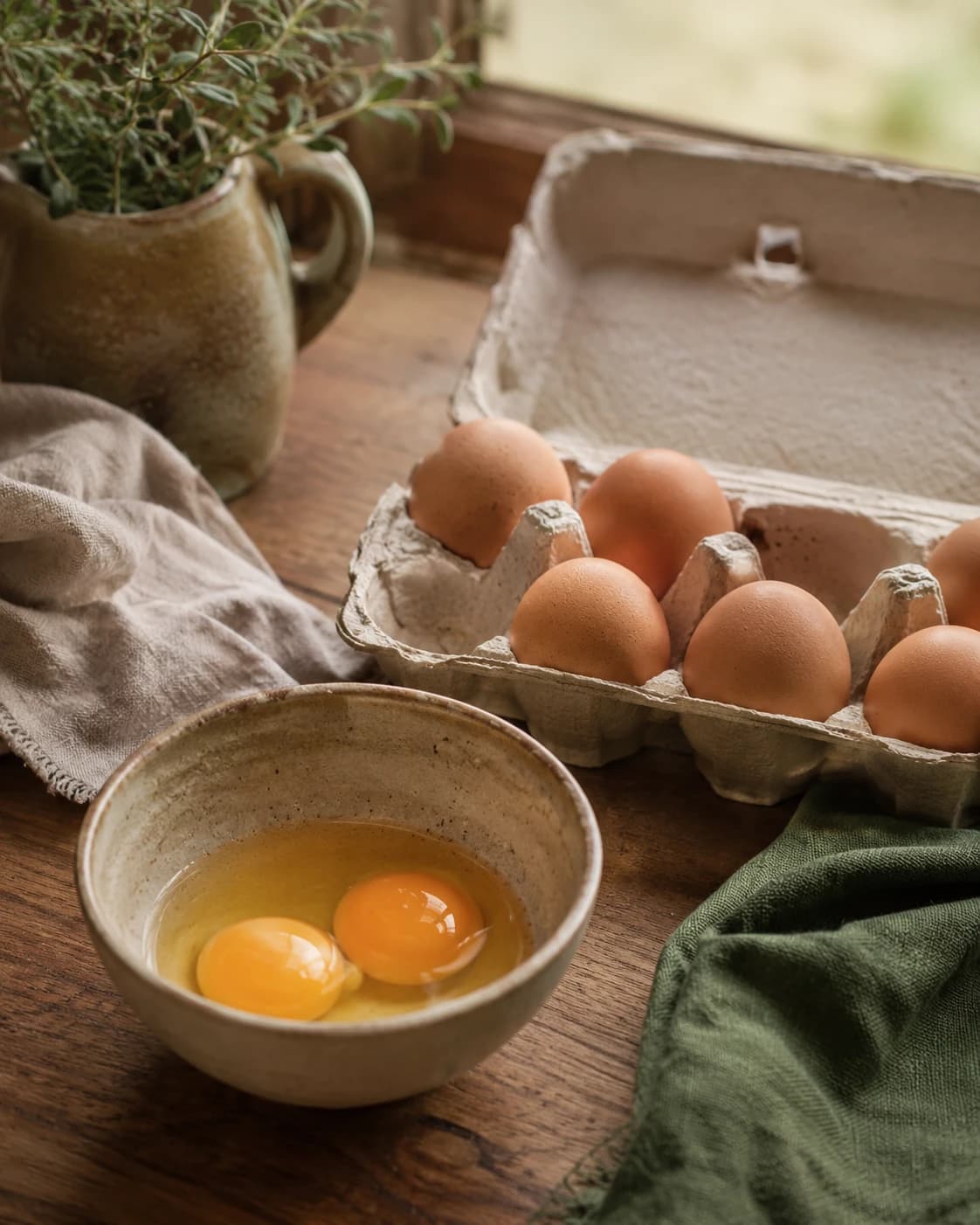A rustic carton of brown eggs beside a small bowl with two cracked eggs on a wooden table