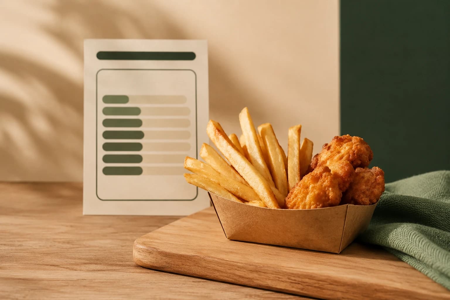 A small paper container of golden fried food on a wooden table with a blank abstract label card in the background