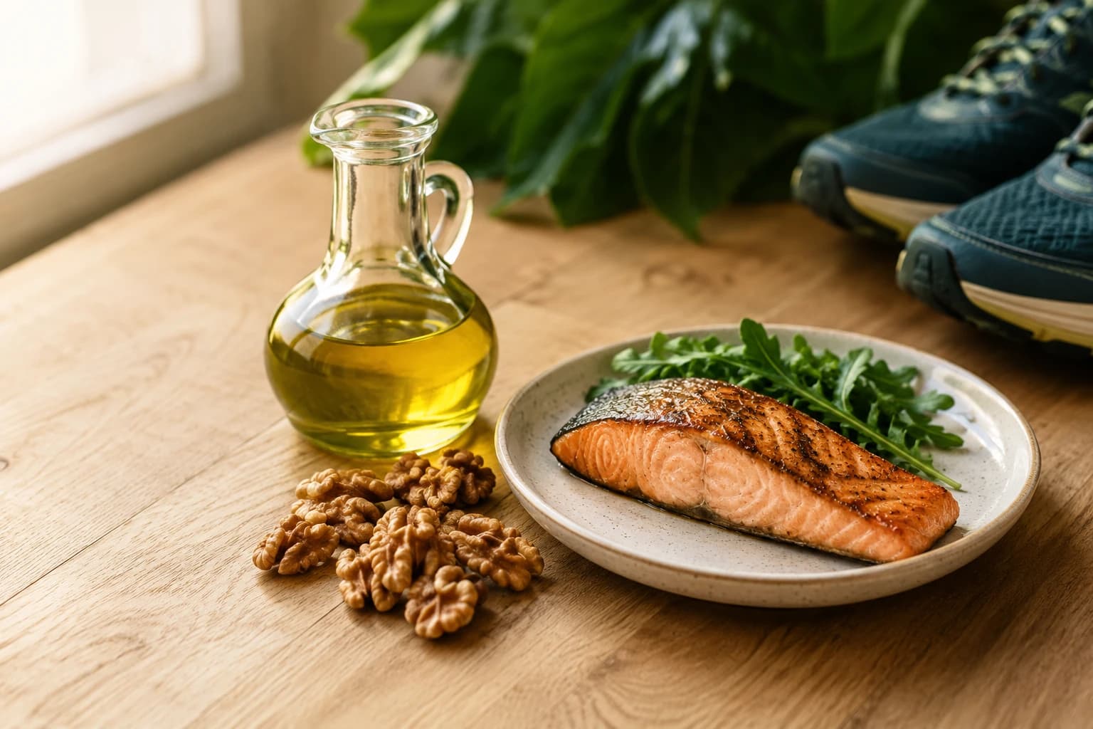 Heart-healthy foods and running shoes arranged on a warm wooden surface, including olive oil, walnuts, and grilled salmon
