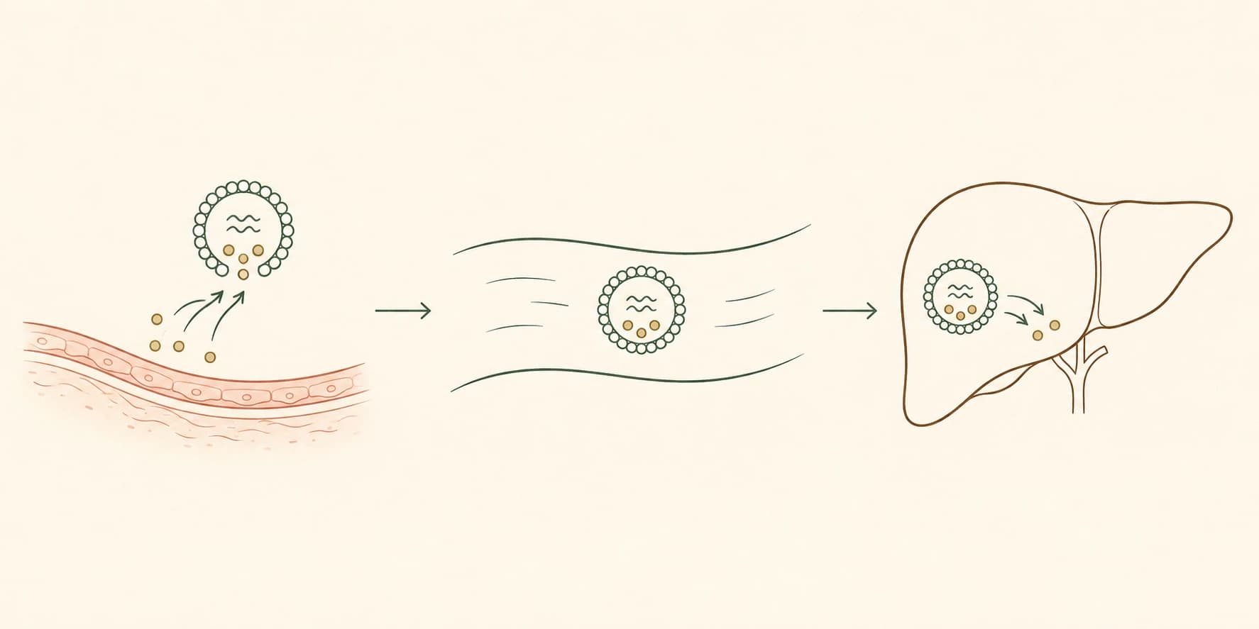 Simple three-step diagram showing HDL picking up cholesterol from an artery wall, traveling through the bloodstream, and delivering it to the liver