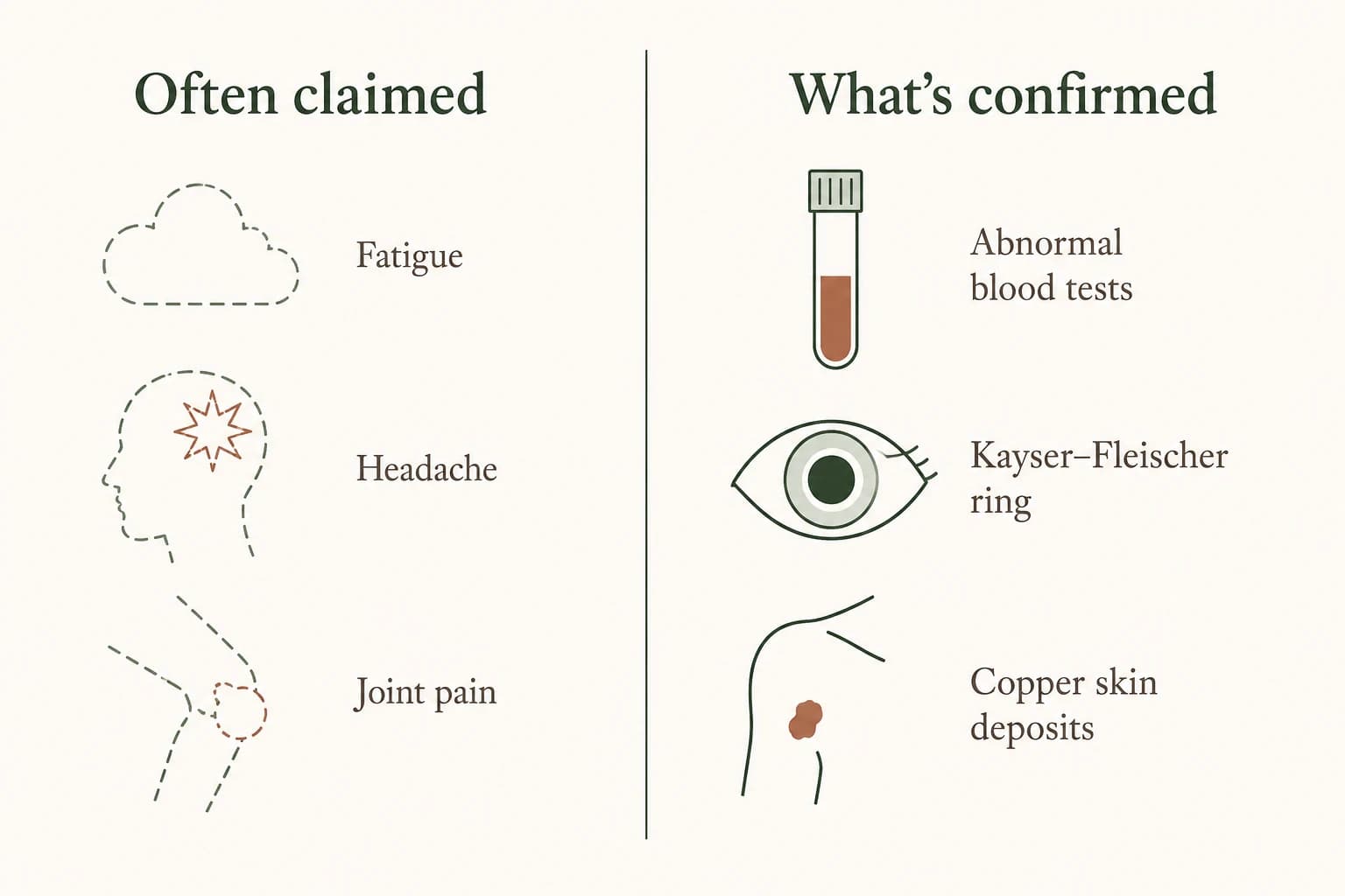 Einfache zweispaltige Illustration, die häufig behauptete, aber unbelegte Cholesterinsymptome dem gegenüberstellt, was medizinische Fachstellen tatsächlich bestätigen