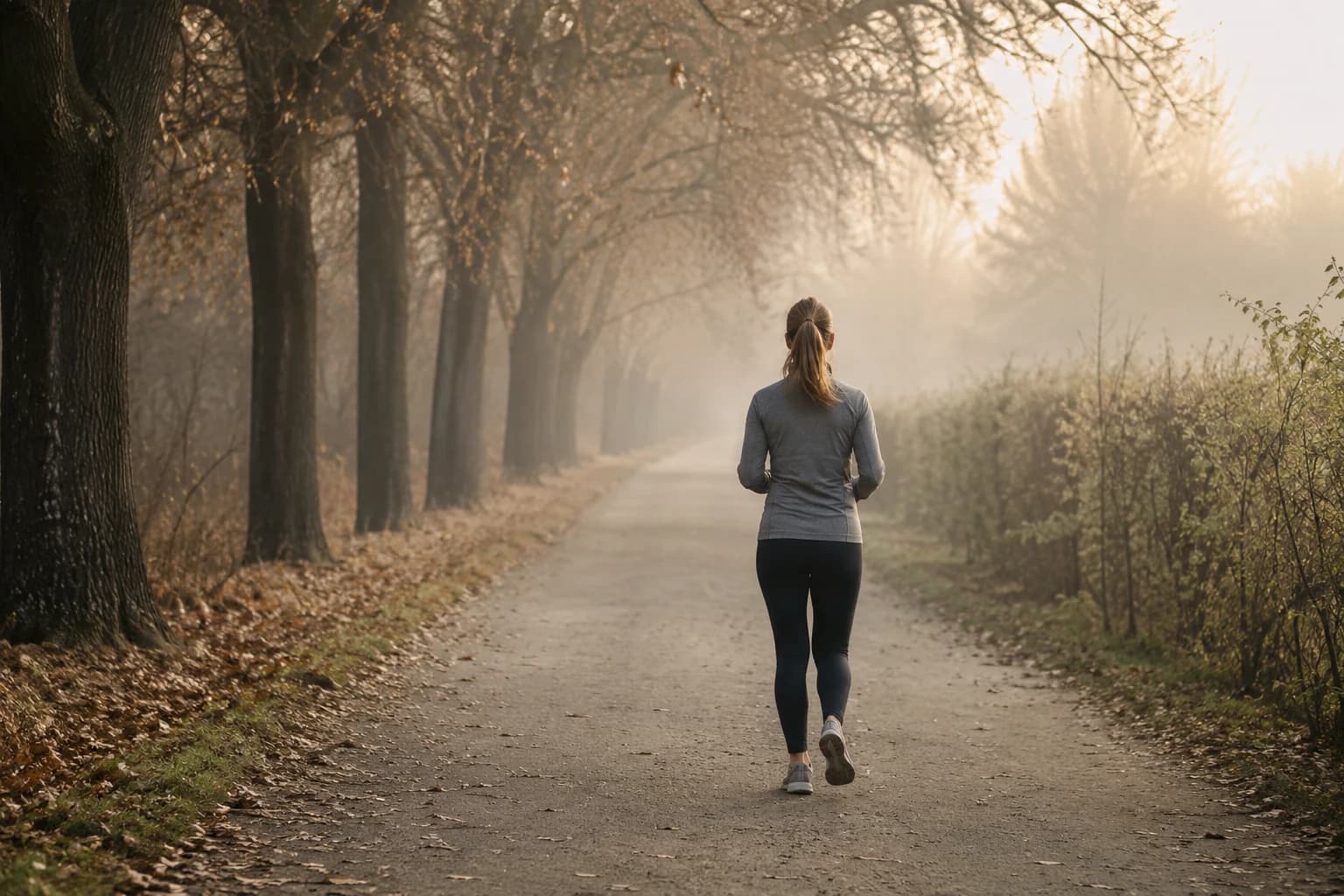 A person walking briskly along a tree-lined path in soft morning light, seen from behind
