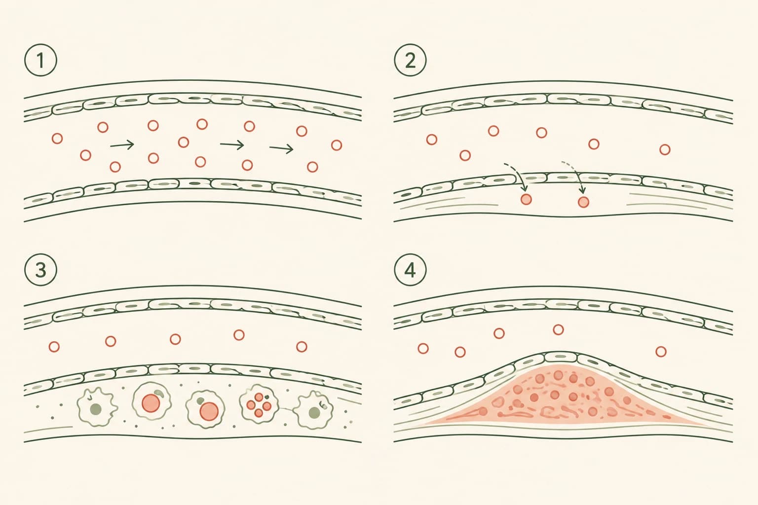 Einfache vierteilige Strichzeichnung, die zeigt, wie LDL-Partikel in eine Arterienwand eindringen, oxidieren und Schaumzellen bilden, die sich zu Plaque aufbauen