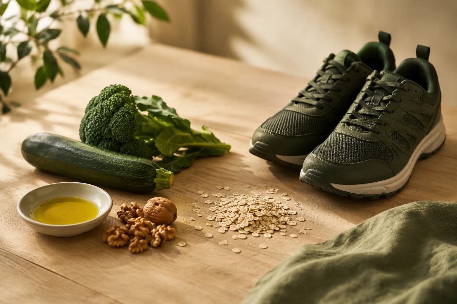 Nature morte chaleureuse d'aliments et d'une paire de chaussures de marche, évoquant les facteurs du quotidien qui font varier le cholestérol LDL et HDL