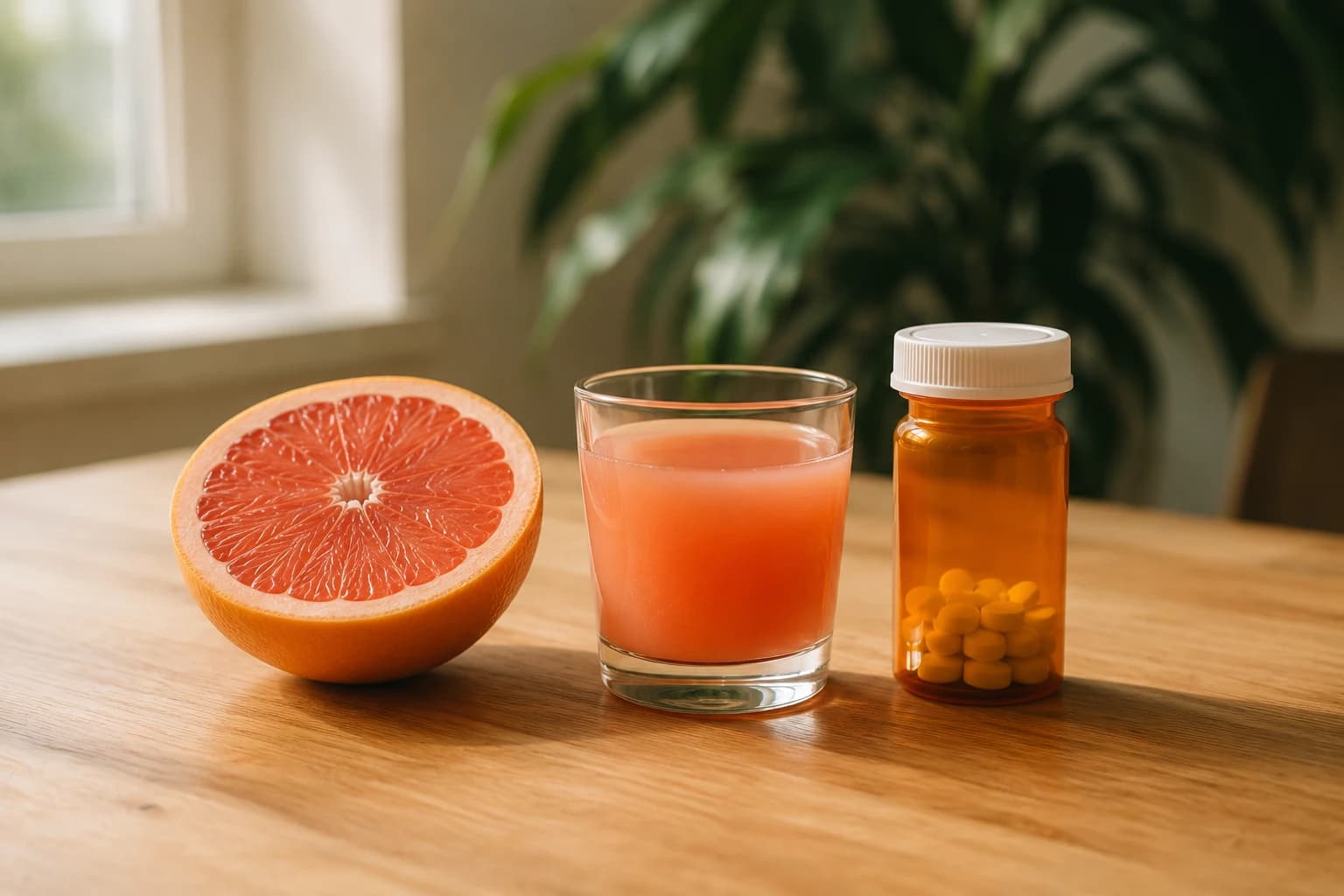 A halved grapefruit and a small glass of grapefruit juice on a wooden table beside a prescription pill bottle