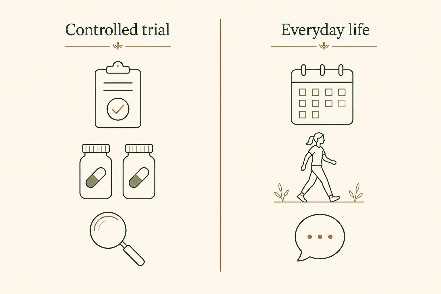 A two-column comparison illustration contrasting how muscle symptoms are measured in a controlled clinical trial versus reported in everyday life