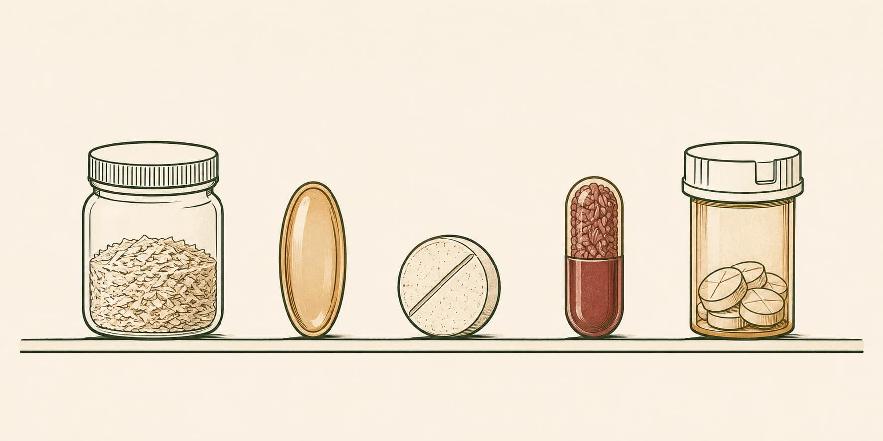 Flat editorial illustration comparing several supplement capsules and a prescription pill bottle arranged in a simple row on a shelf