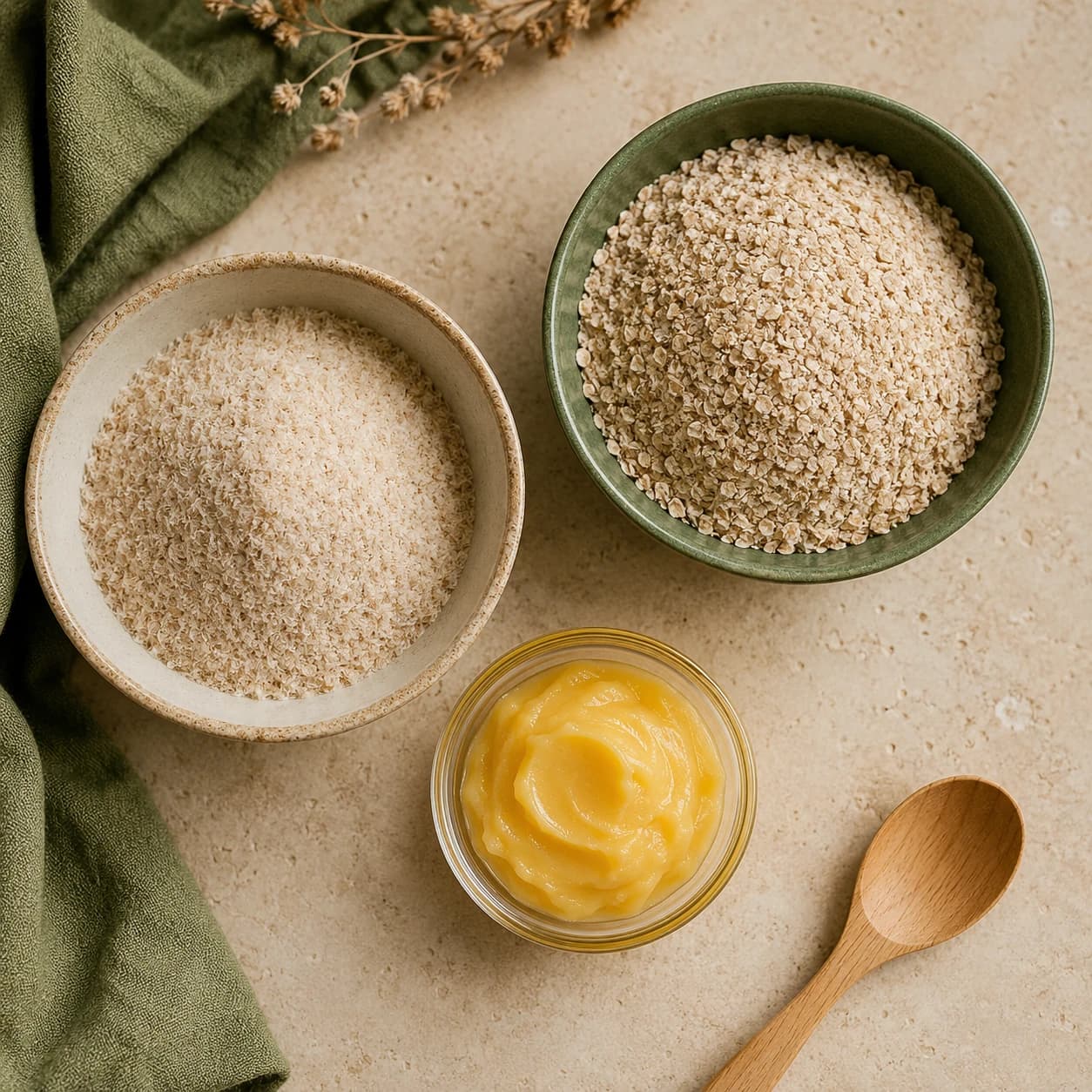 Overhead photo of psyllium husk powder, oat bran, and a small glass of golden fortified spread on a warm cream countertop