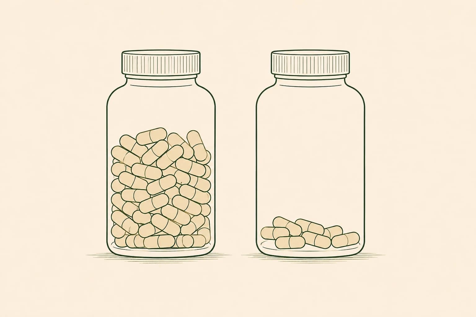 Simple line-art illustration of two similar supplement bottles with visibly different fill levels, symbolizing inconsistent dosing between red yeast rice products