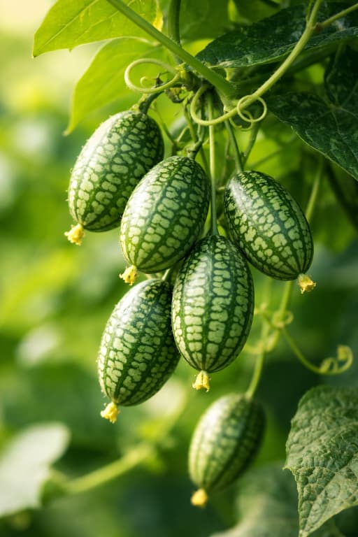 Büschel mexikanischer Minigurken, das von einer Ranke hängt und ihre wassermelonengestreiften, traubengroßen Früchte zeigt