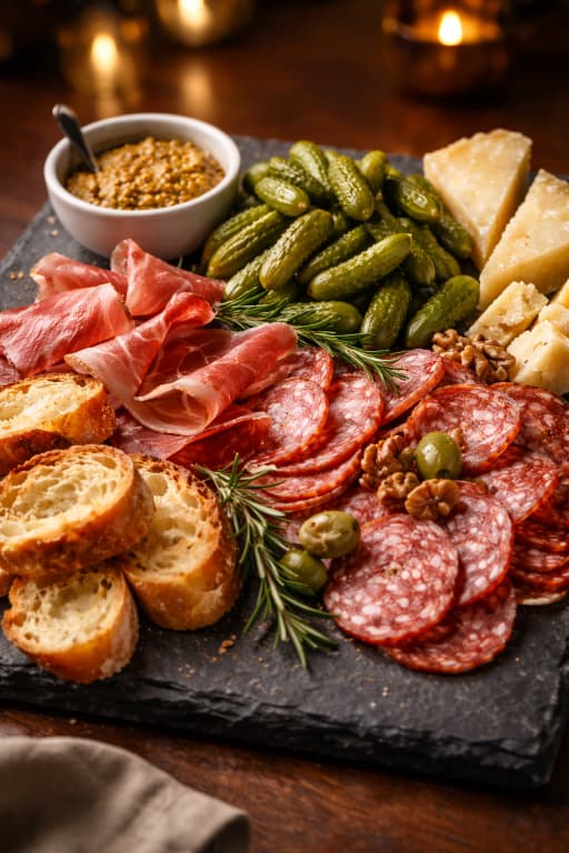 Elegantes Charcuterie-Brett mit Cornichon-Gewürzgurken, gepökeltem Fleisch, gereiftem Käse, Senf und Baguette auf dunklem Schiefer