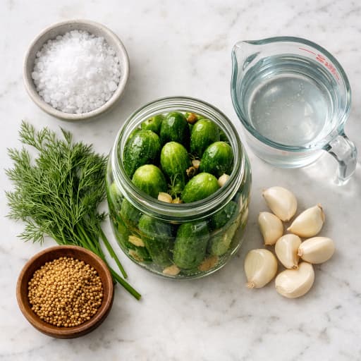 Draufsicht auf einen Einlege-Arbeitsplatz zu Hause mit Gurken, die in ein Einmachglas gepackt werden, neben frischem Dill, Knoblauch, Senfkörnern und Lake