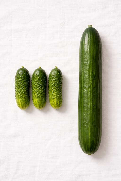 Direkter Vergleich von drei kleinen knubbeligen Gewürzgurken neben einer großen glatten Salatgurke auf weißem Leinen