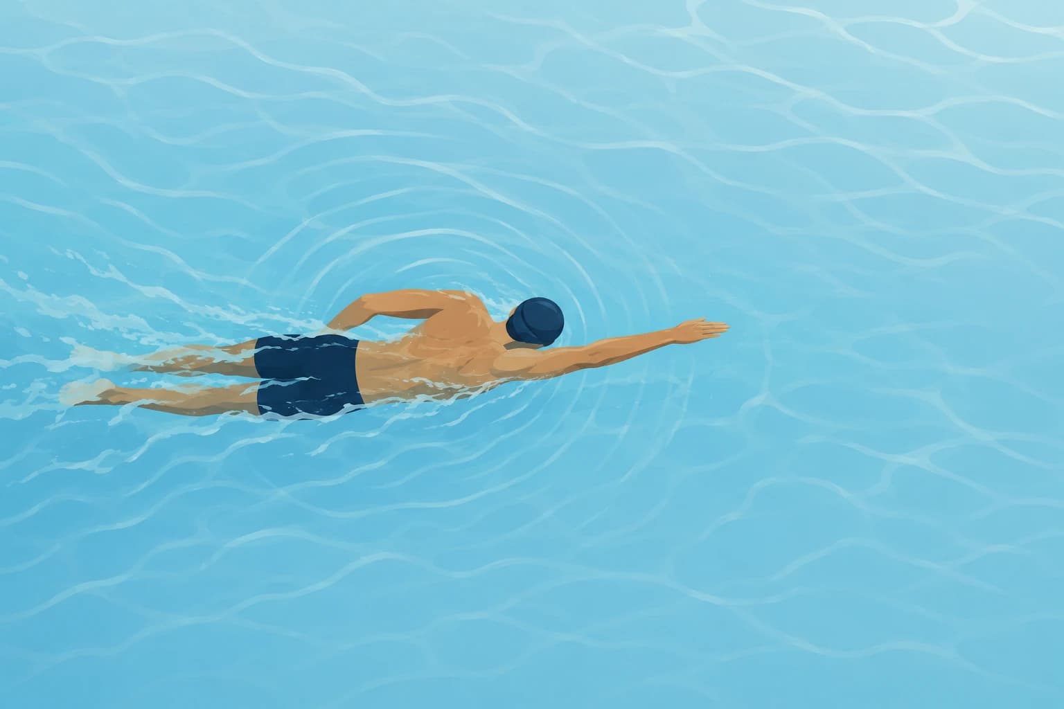 Illustration of a swimmer in a pool with faint ripples suggesting perspiration dissolving invisibly into the surrounding water