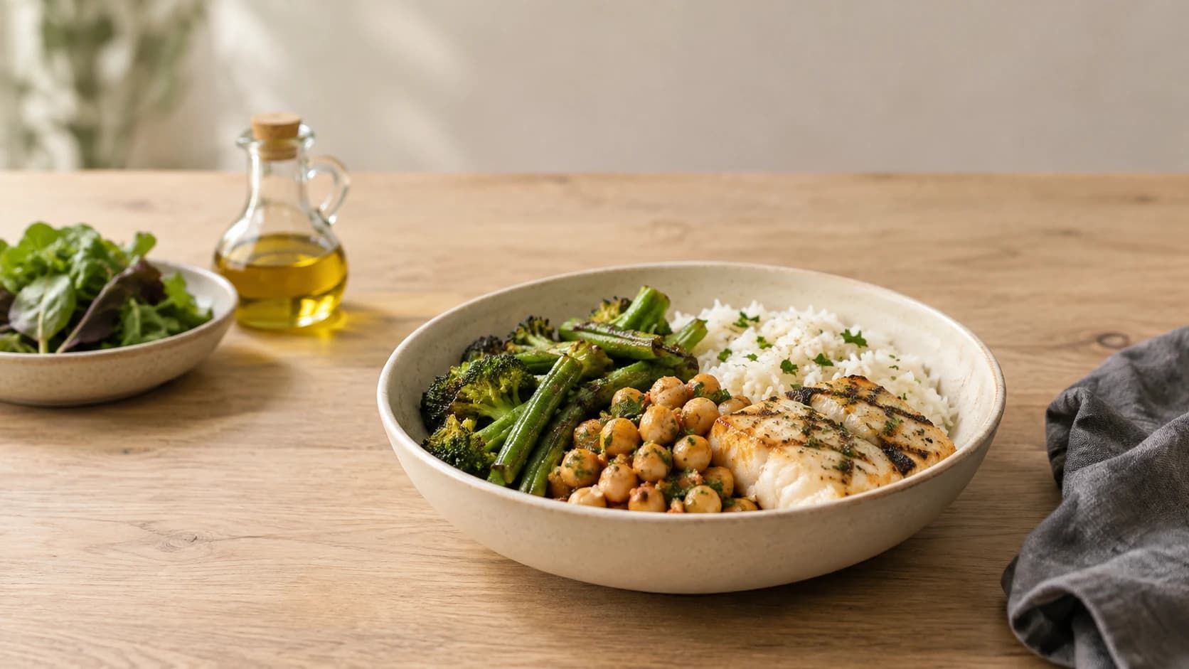 A bowl of grilled fish, chickpeas, roasted green vegetables and a small portion of rice on a wooden table